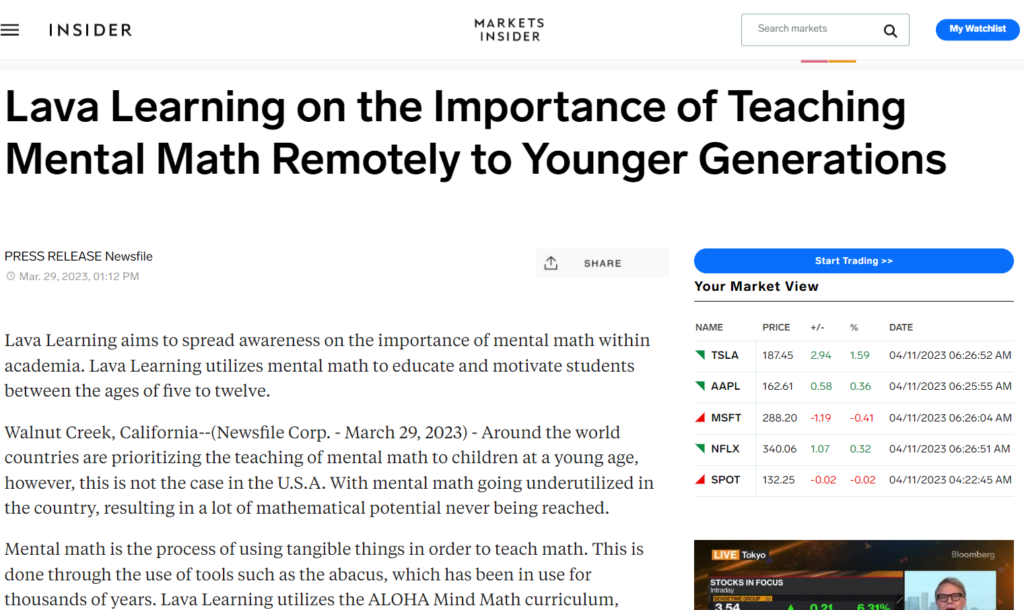 Lava Learning on the Importance of Teaching Mental Math Remotely to Younger Generations